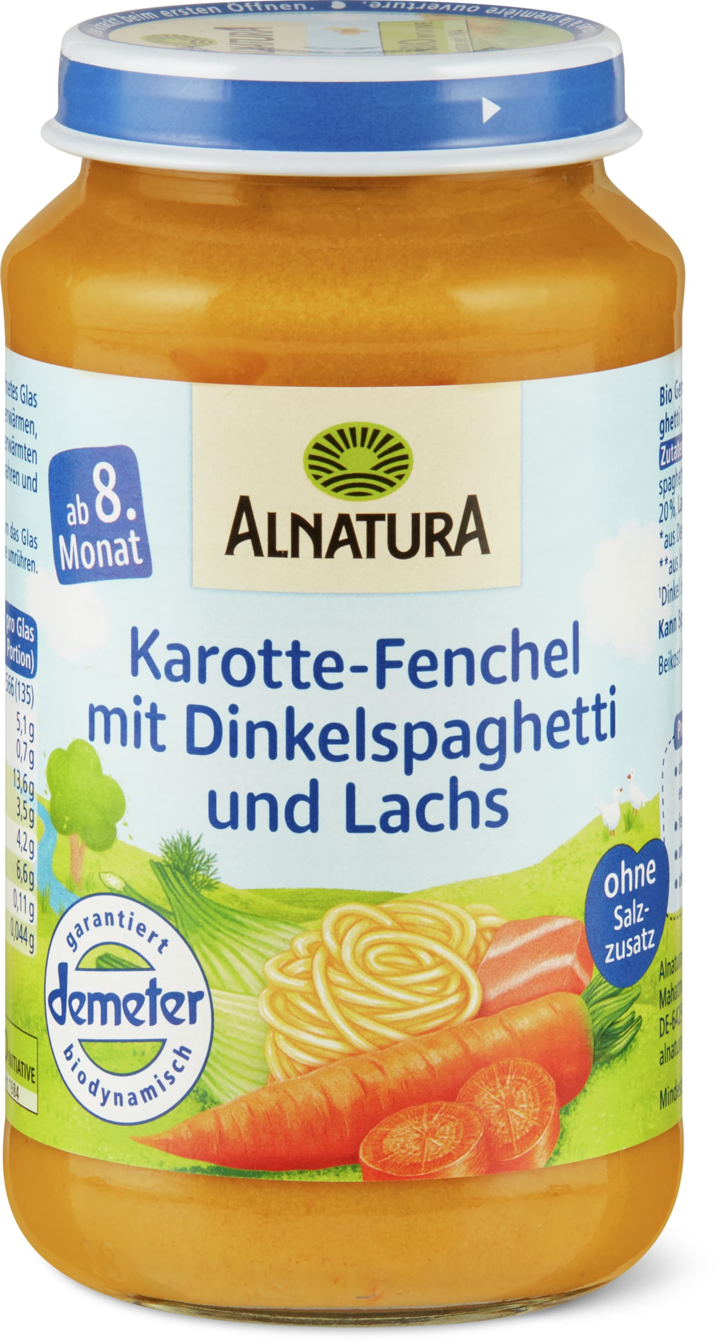 Baby food with carrots, fennel, spelt spaghetti and salmon Demeter, Bio, from the 8th month